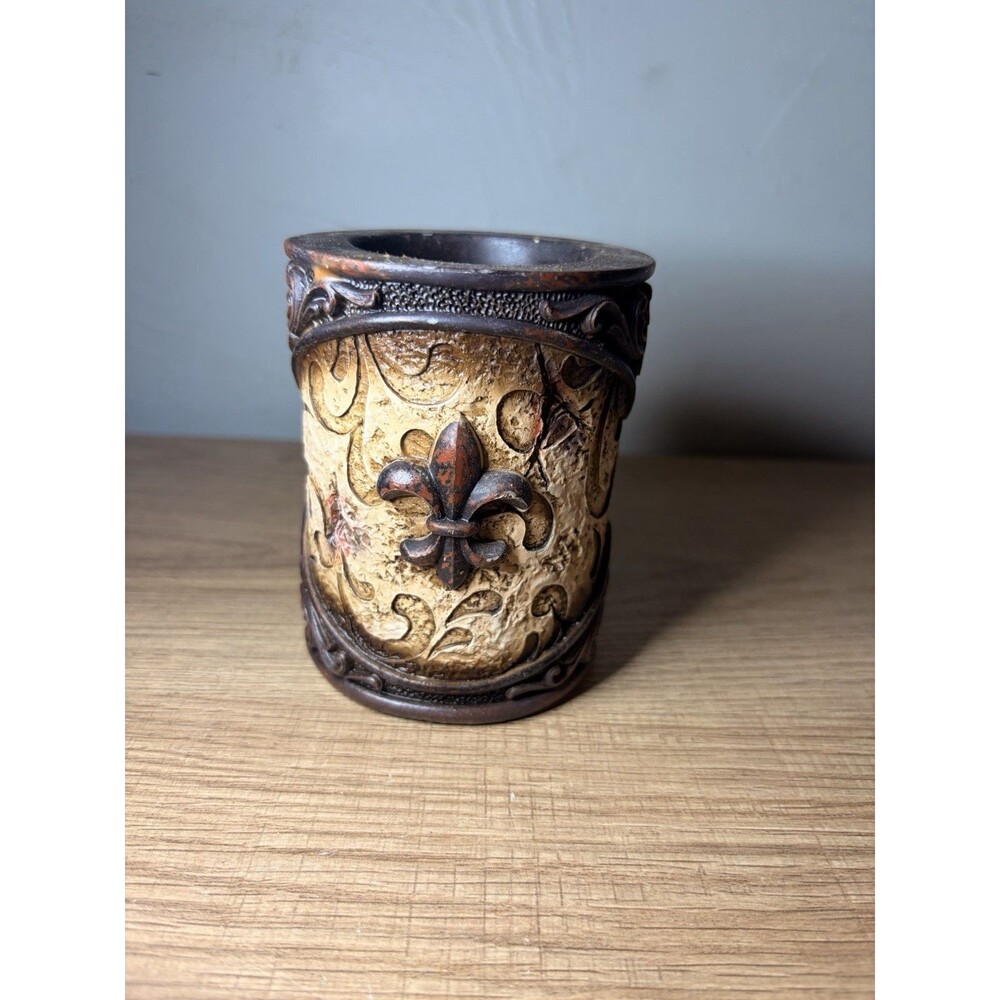Fleur de Lis Decorative Holder Rustic Tuscan Style Brown Gold 4” Tall